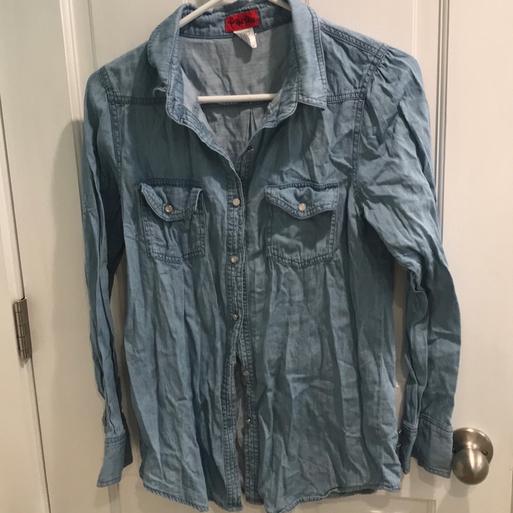 Red Tulips Light Denim Button Down Shirt
